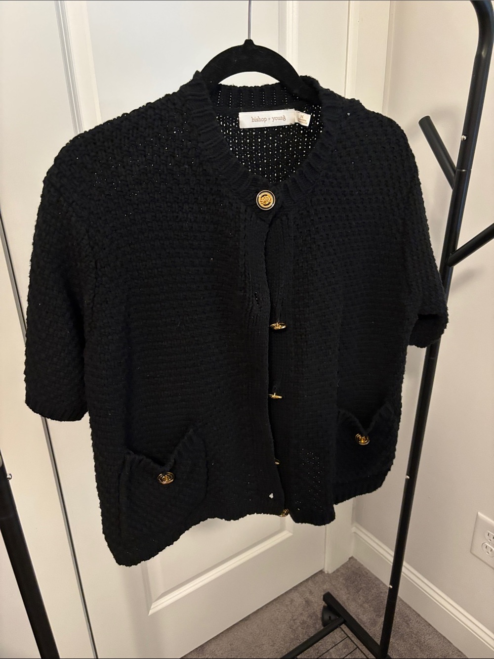 bishop + young Black Knit Cardigan with Gold-Tone Button